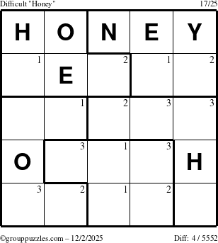 The grouppuzzles.com Difficult Honey puzzle for Tuesday December 2, 2025 with the first 3 steps marked