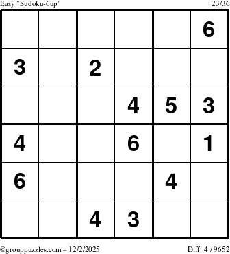 The grouppuzzles.com Easy Sudoku-6up puzzle for Tuesday December 2, 2025