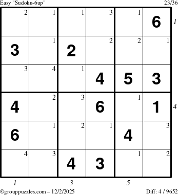 The grouppuzzles.com Easy Sudoku-6up puzzle for Tuesday December 2, 2025 with all 4 steps marked