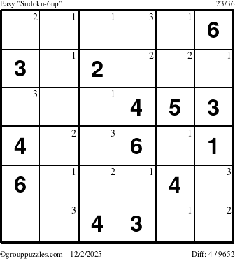 The grouppuzzles.com Easy Sudoku-6up puzzle for Tuesday December 2, 2025 with the first 3 steps marked