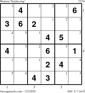 The grouppuzzles.com Medium Sudoku-6up puzzle for Tuesday December 2, 2025, suitable for printing, with all 5 steps marked