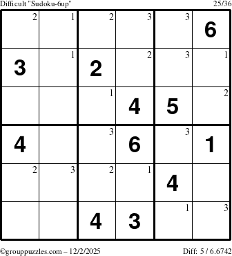 The grouppuzzles.com Difficult Sudoku-6up puzzle for Tuesday December 2, 2025 with the first 3 steps marked