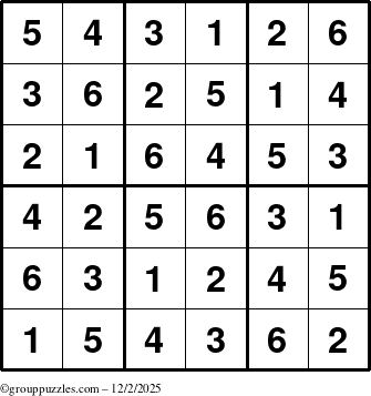 The grouppuzzles.com Answer grid for the Sudoku-6up puzzle for Tuesday December 2, 2025