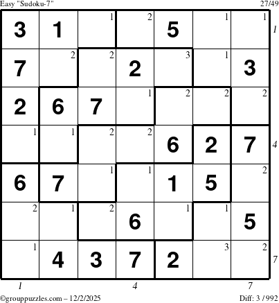 The grouppuzzles.com Easy Sudoku-7 puzzle for Tuesday December 2, 2025, suitable for printing, with all 3 steps marked