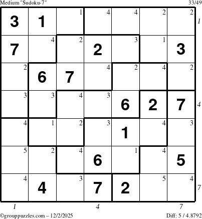 The grouppuzzles.com Medium Sudoku-7 puzzle for Tuesday December 2, 2025, suitable for printing, with all 5 steps marked