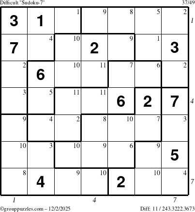 The grouppuzzles.com Difficult Sudoku-7 puzzle for Tuesday December 2, 2025 with all 11 steps marked