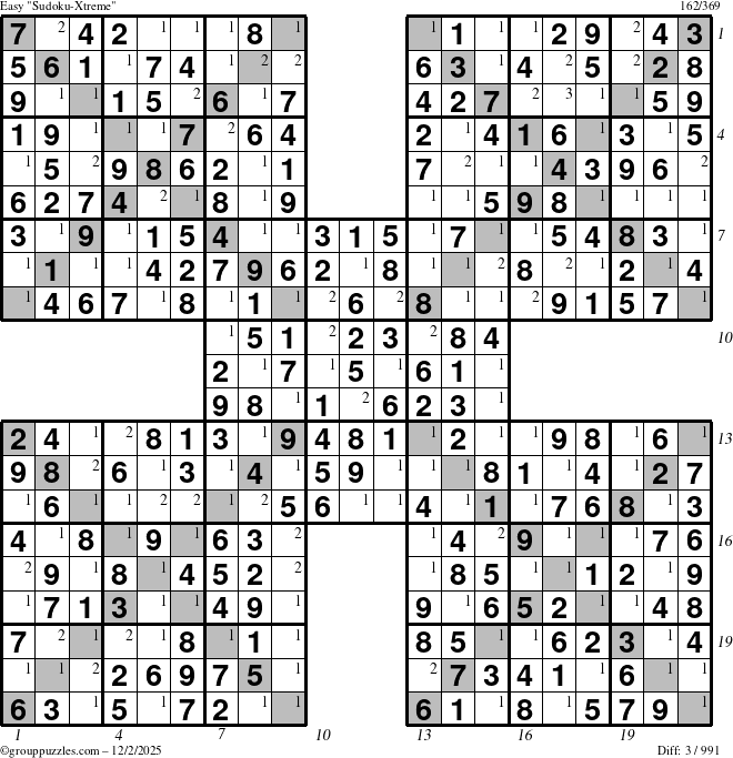 The grouppuzzles.com Easy Sudoku-Xtreme puzzle for Tuesday December 2, 2025, suitable for printing, with all 3 steps marked