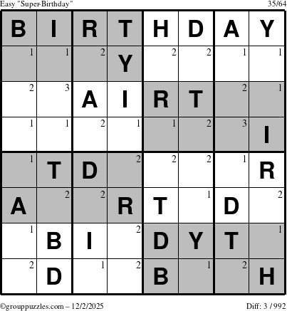 The grouppuzzles.com Easy Super-Birthday puzzle for Tuesday December 2, 2025 with the first 3 steps marked