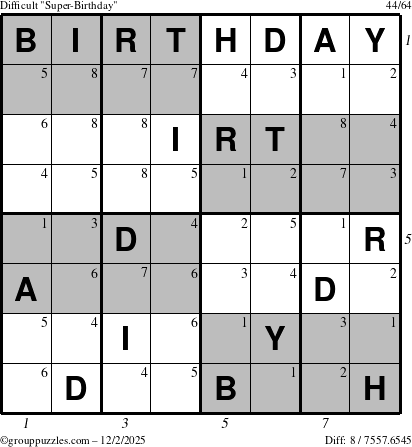 The grouppuzzles.com Difficult Super-Birthday puzzle for Tuesday December 2, 2025, suitable for printing, with all 8 steps marked