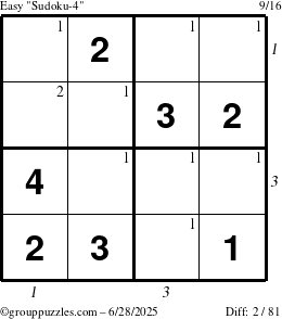 The grouppuzzles.com Easy Sudoku-4 puzzle for Saturday June 28, 2025 with all 2 steps marked