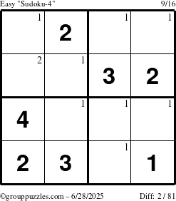 The grouppuzzles.com Easy Sudoku-4 puzzle for Saturday June 28, 2025 with the first 2 steps marked
