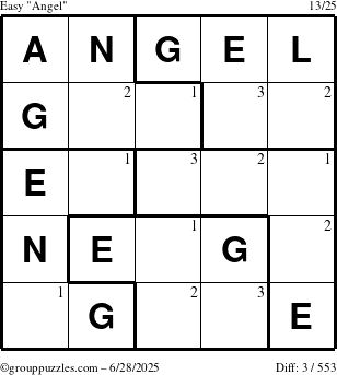 The grouppuzzles.com Easy Angel puzzle for Saturday June 28, 2025 with the first 3 steps marked