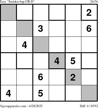 The grouppuzzles.com Easy Sudoku-6up-UR-D puzzle for Saturday June 28, 2025