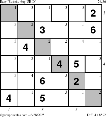 The grouppuzzles.com Easy Sudoku-6up-UR-D puzzle for Saturday June 28, 2025 with all 4 steps marked