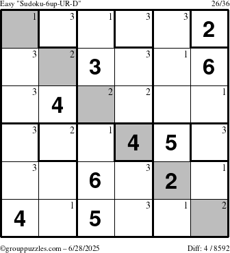 The grouppuzzles.com Easy Sudoku-6up-UR-D puzzle for Saturday June 28, 2025 with the first 3 steps marked