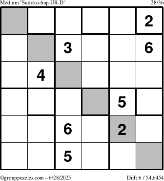 The grouppuzzles.com Medium Sudoku-6up-UR-D puzzle for Saturday June 28, 2025