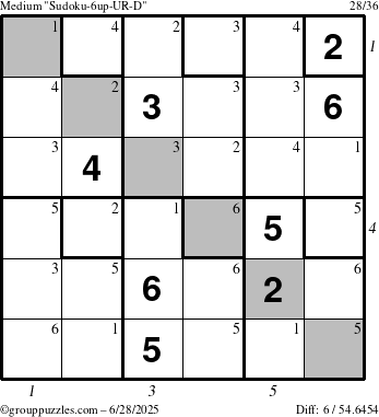 The grouppuzzles.com Medium Sudoku-6up-UR-D puzzle for Saturday June 28, 2025 with all 6 steps marked