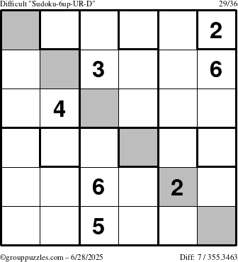 The grouppuzzles.com Difficult Sudoku-6up-UR-D puzzle for Saturday June 28, 2025