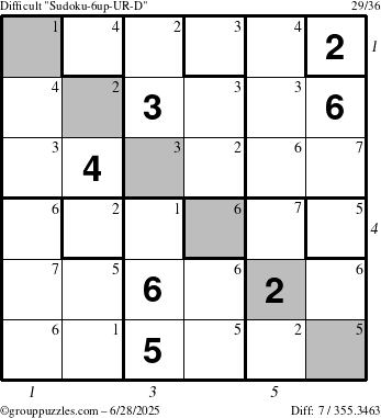 The grouppuzzles.com Difficult Sudoku-6up-UR-D puzzle for Saturday June 28, 2025, suitable for printing, with all 7 steps marked