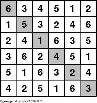 The grouppuzzles.com Answer grid for the Sudoku-6up-UR-D puzzle for Saturday June 28, 2025