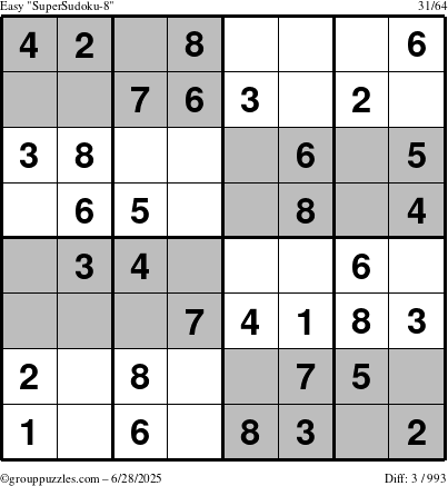 The grouppuzzles.com Easy SuperSudoku-8 puzzle for Saturday June 28, 2025