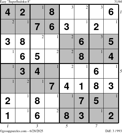 The grouppuzzles.com Easy SuperSudoku-8 puzzle for Saturday June 28, 2025 with all 3 steps marked