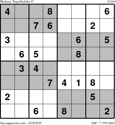 The grouppuzzles.com Medium SuperSudoku-8 puzzle for Saturday June 28, 2025