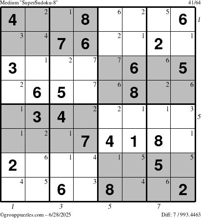 The grouppuzzles.com Medium SuperSudoku-8 puzzle for Saturday June 28, 2025 with all 7 steps marked