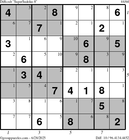 The grouppuzzles.com Difficult SuperSudoku-8 puzzle for Saturday June 28, 2025 with all 10 steps marked