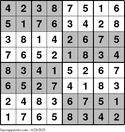 The grouppuzzles.com Answer grid for the SuperSudoku-8 puzzle for Saturday June 28, 2025