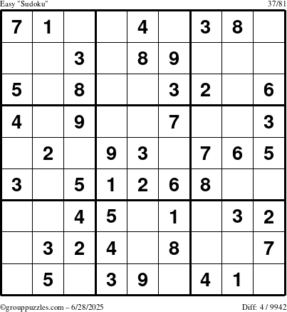 The grouppuzzles.com Easy Sudoku puzzle for Saturday June 28, 2025