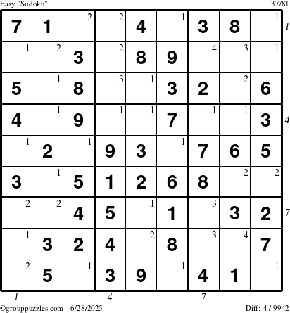 The grouppuzzles.com Easy Sudoku puzzle for Saturday June 28, 2025 with all 4 steps marked