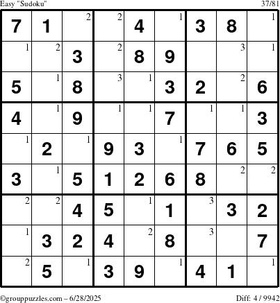 The grouppuzzles.com Easy Sudoku puzzle for Saturday June 28, 2025 with the first 3 steps marked