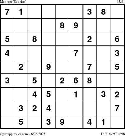 The grouppuzzles.com Medium Sudoku puzzle for Saturday June 28, 2025