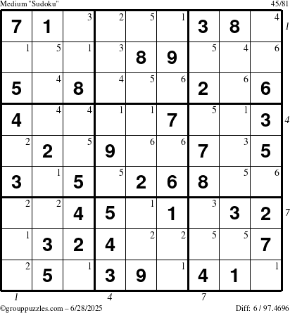 The grouppuzzles.com Medium Sudoku puzzle for Saturday June 28, 2025 with all 6 steps marked