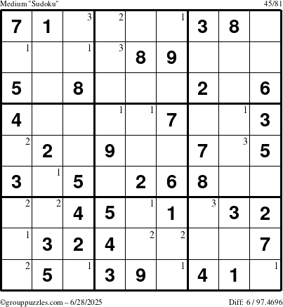 The grouppuzzles.com Medium Sudoku puzzle for Saturday June 28, 2025 with the first 3 steps marked