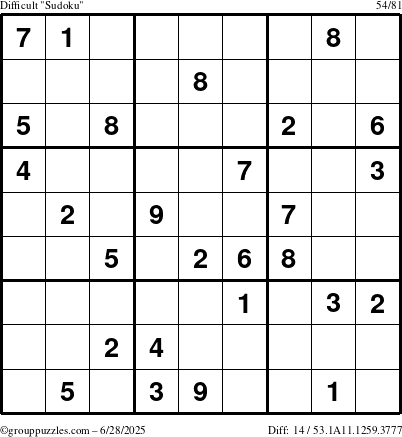 The grouppuzzles.com Difficult Sudoku puzzle for Saturday June 28, 2025