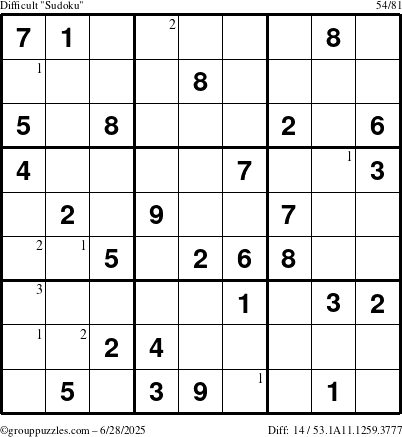 The grouppuzzles.com Difficult Sudoku puzzle for Saturday June 28, 2025 with the first 3 steps marked