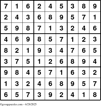 The grouppuzzles.com Answer grid for the Sudoku puzzle for Saturday June 28, 2025