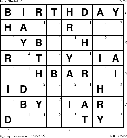 The grouppuzzles.com Easy Birthday puzzle for Saturday June 28, 2025 with all 3 steps marked