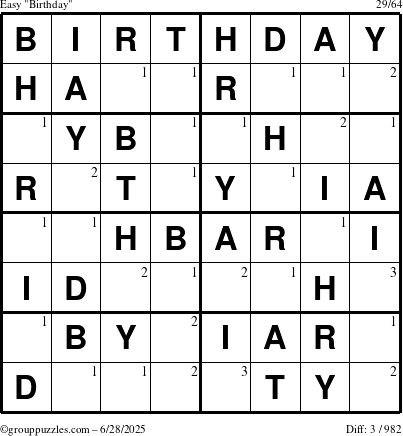 The grouppuzzles.com Easy Birthday puzzle for Saturday June 28, 2025 with the first 3 steps marked