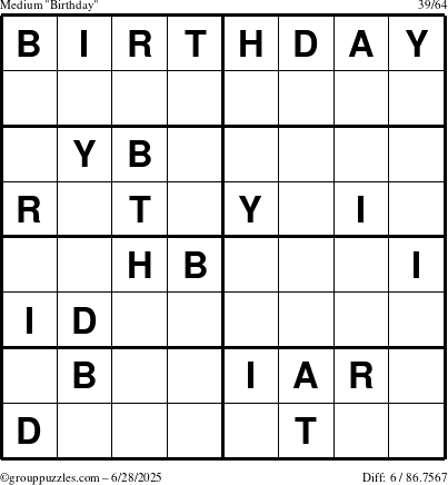 The grouppuzzles.com Medium Birthday puzzle for Saturday June 28, 2025
