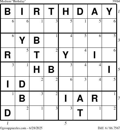 The grouppuzzles.com Medium Birthday puzzle for Saturday June 28, 2025 with all 6 steps marked