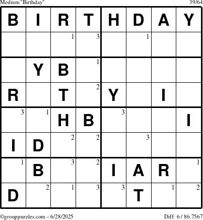 The grouppuzzles.com Medium Birthday puzzle for Saturday June 28, 2025 with the first 3 steps marked