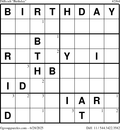 The grouppuzzles.com Difficult Birthday puzzle for Saturday June 28, 2025 with the first 3 steps marked