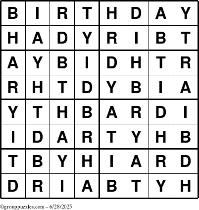 The grouppuzzles.com Answer grid for the Birthday puzzle for Saturday June 28, 2025