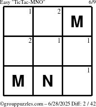 The grouppuzzles.com Easy TicTac-MNO puzzle for Saturday June 28, 2025 with the first 2 steps marked