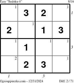 The grouppuzzles.com Easy Sudoku-4 puzzle for Tuesday December 31, 2024 with all 2 steps marked