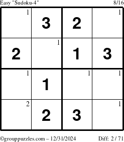 The grouppuzzles.com Easy Sudoku-4 puzzle for Tuesday December 31, 2024 with the first 2 steps marked