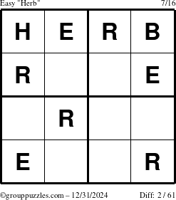 The grouppuzzles.com Easy Herb puzzle for Tuesday December 31, 2024